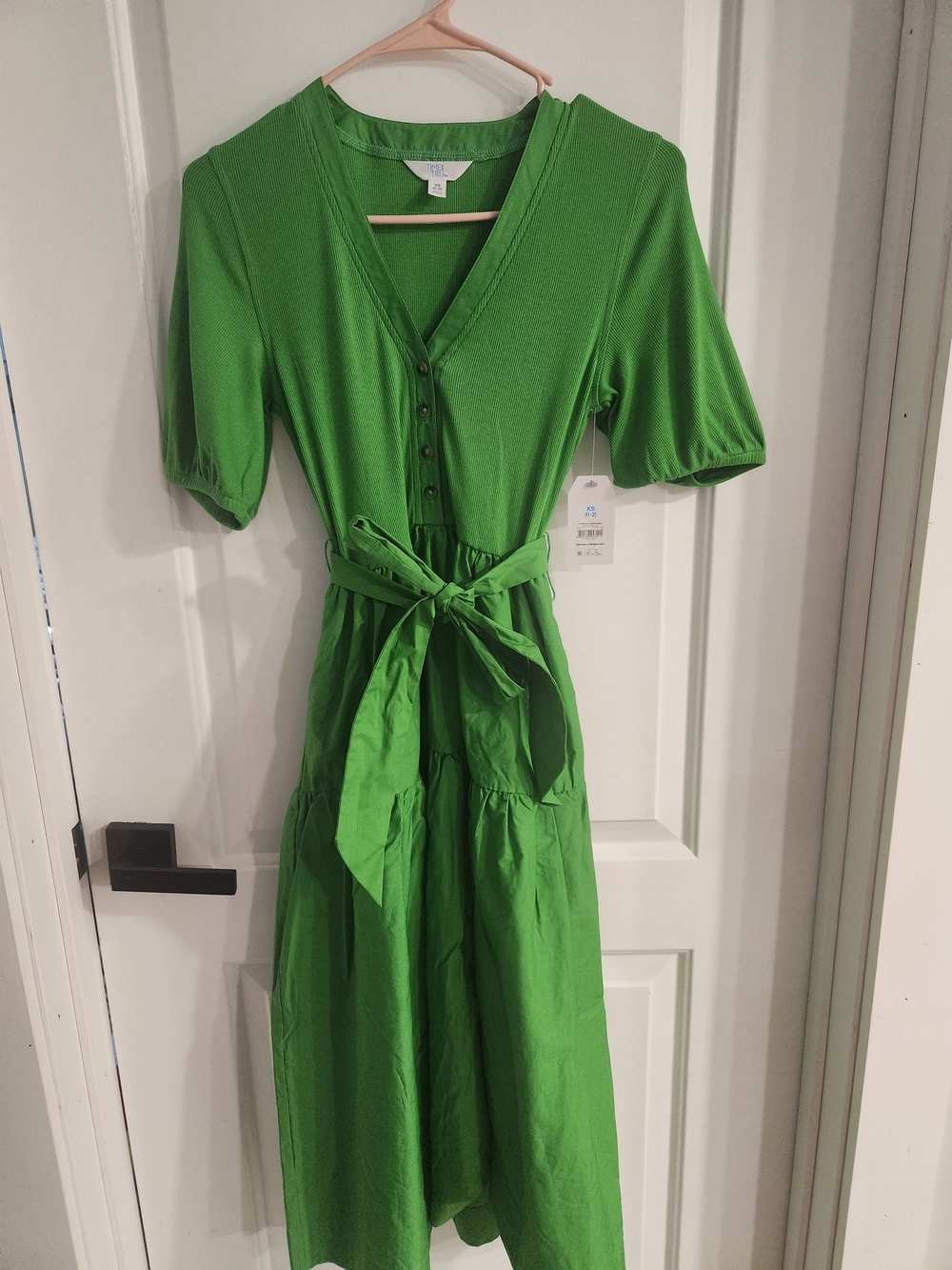 Time and Tru Bright Green V-Neck Button Midi Dress